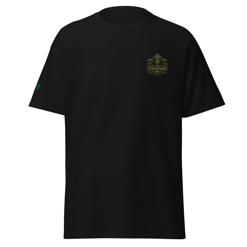 Black El Guardián T-shirt with small Los Espantosos chest logo and red AllTeez sleeve logo