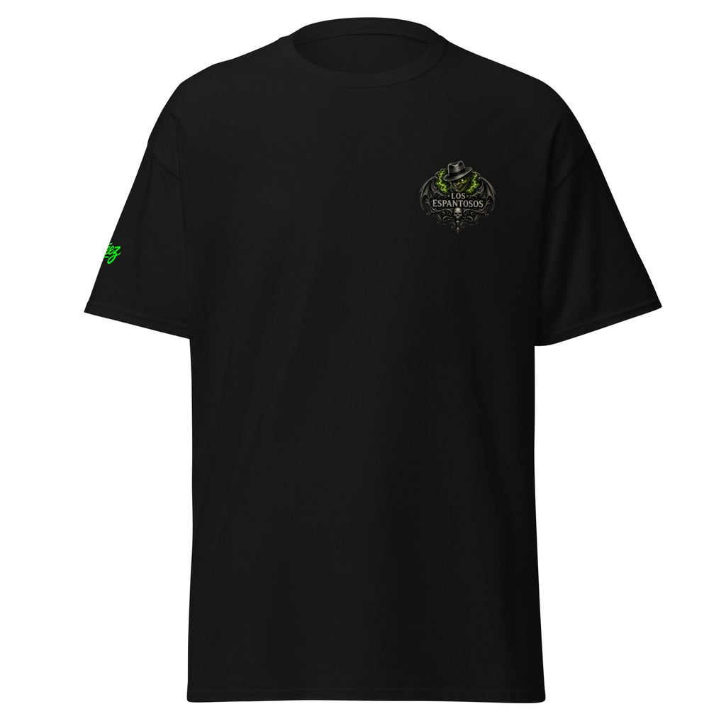Black Sir Hyde T-shirt with small Los Espantosos chest logo and red AllTeez sleeve logo