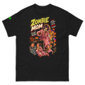 Zombie Mom vintage Halloween graphic T-shirt featuring a mom in curlers and green face cream before coffee with frightened family and retro horror artwork