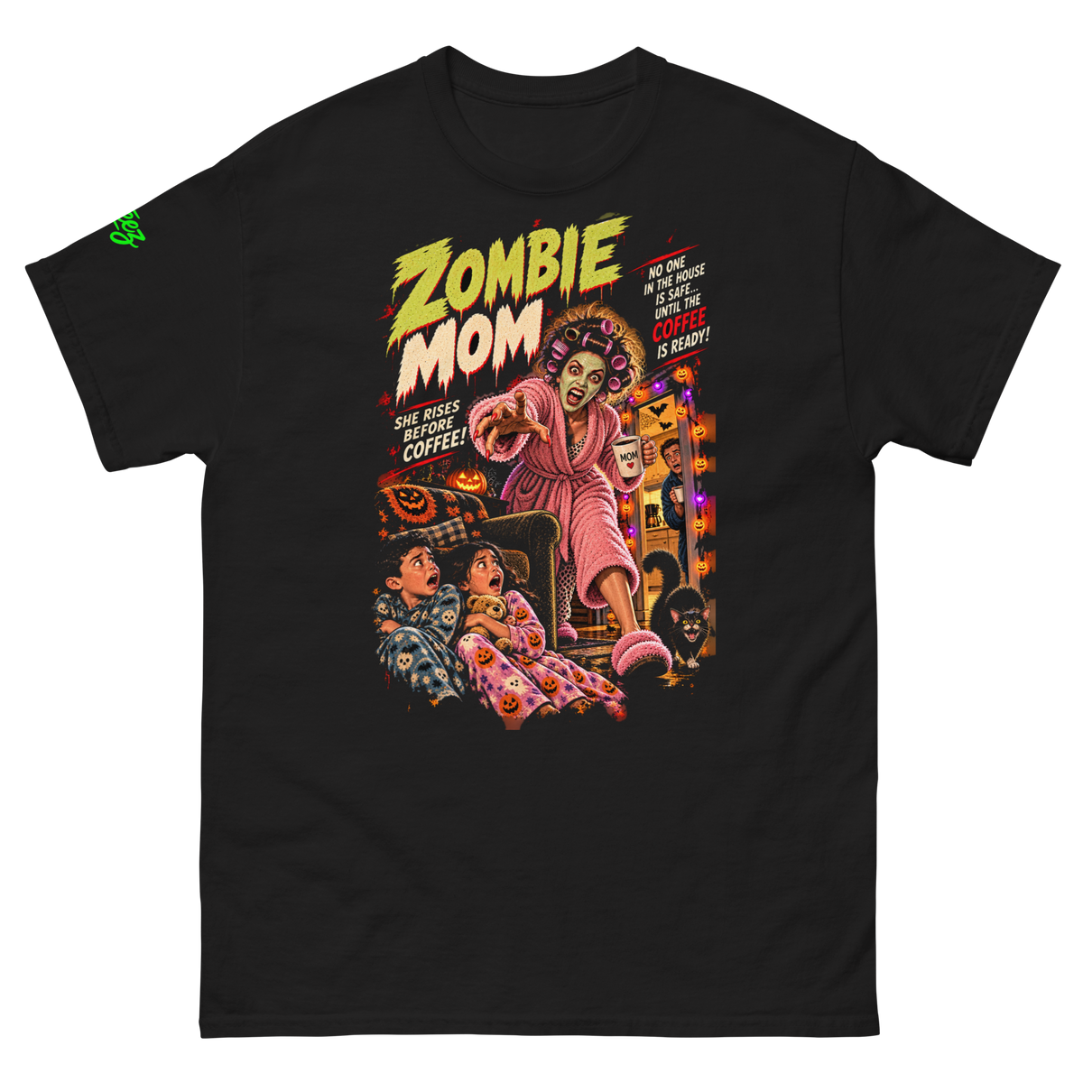 Zombie Mom vintage Halloween graphic T-shirt featuring a mom in curlers and green face cream before coffee with frightened family and retro horror artwork
