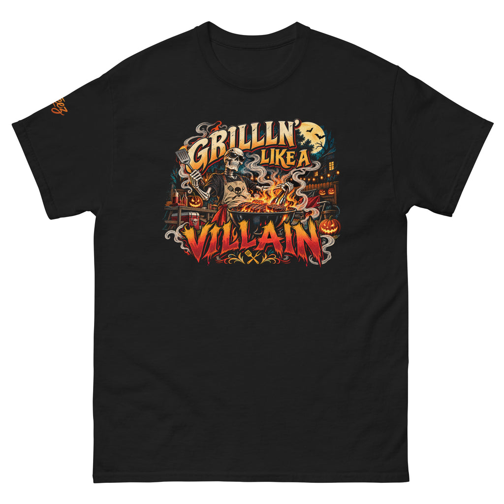 Grillin’ Like a Villain Halloween skeleton pitmaster grilling at a flaming BBQ with pumpkins, bats and spooky backyard artwork