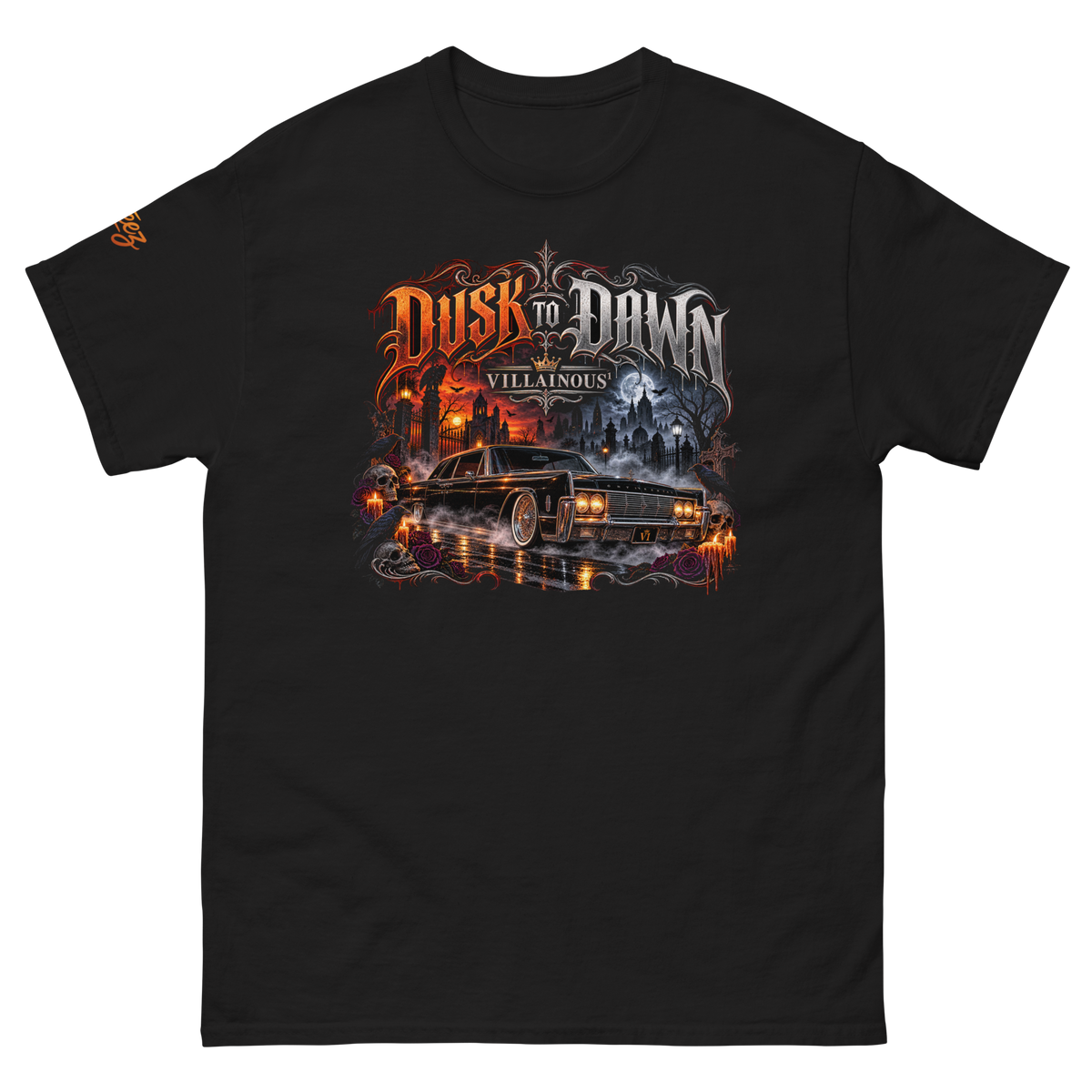 Villainous Dusk to Dawn graphic featuring a black 1963 Lincoln Continental with gothic cemetery, ravens, skulls, roses and moonlit fog