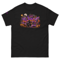 Villainous Halloween graffiti graphic with hooded street artist, purple and orange lettering, jack-o’-lanterns, skulls, bats and spiderwebs