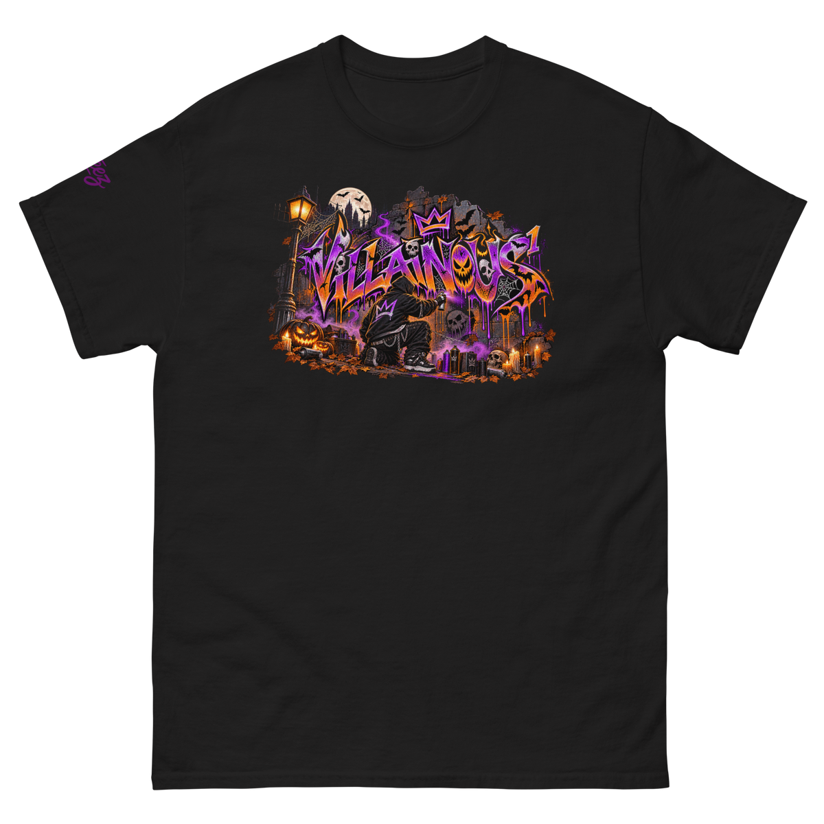Villainous Halloween graffiti graphic with hooded street artist, purple and orange lettering, jack-o’-lanterns, skulls, bats and spiderwebs