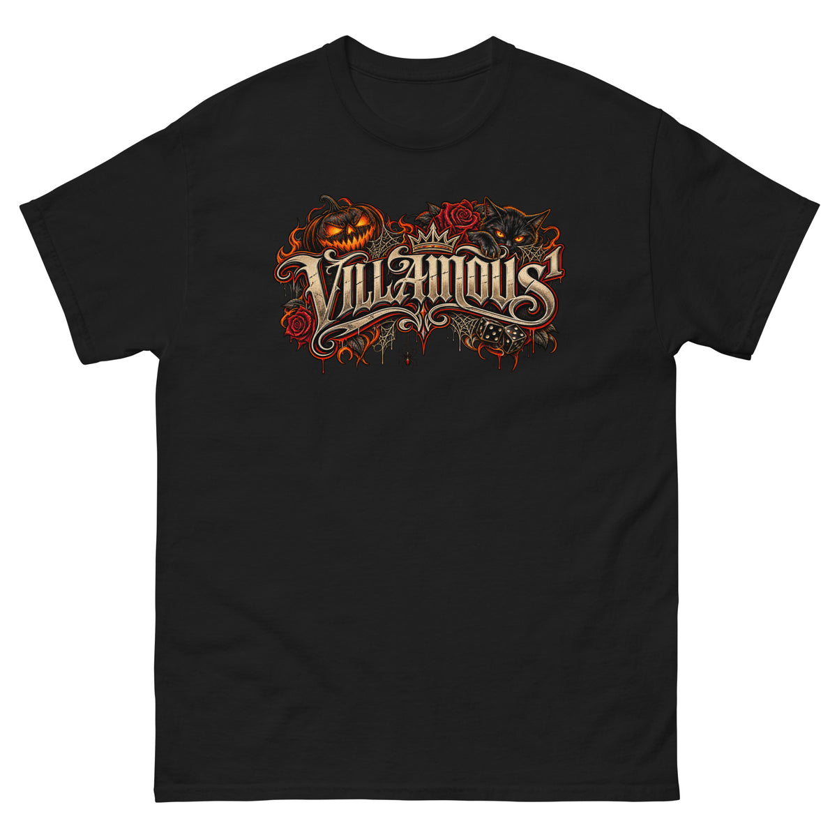 Villainous Halloween sign art graphic featuring a glowing black jack-o'-lantern, black cat, red roses, spiderwebs, dice and gothic lettering