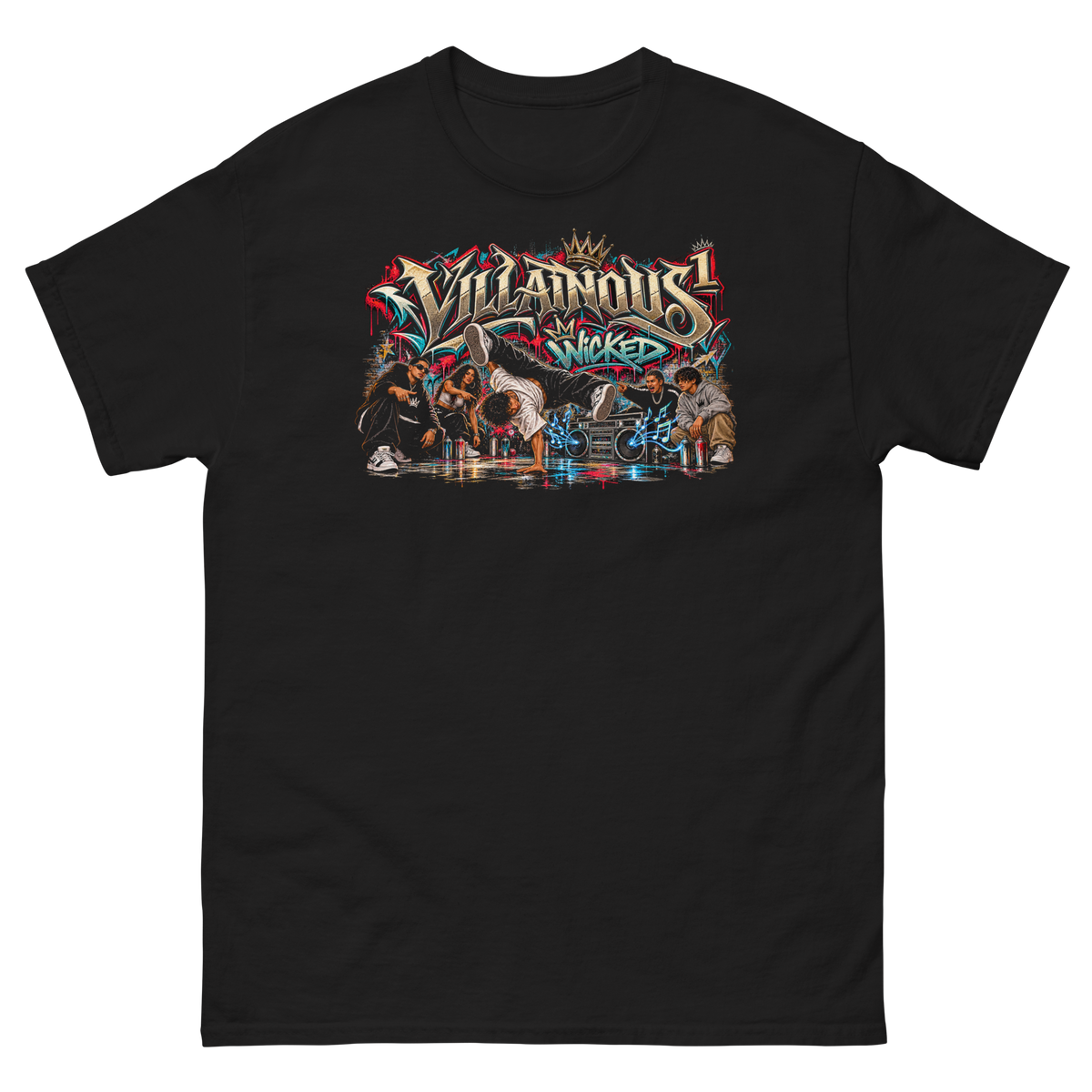 Villainous Wicked graphic featuring a breakdance crew, center dancer, graffiti wall, boombox, music notes and colorful street art