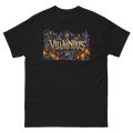 Villainous Haunted Cemetery Halloween graphic featuring a grinning skeleton with glowing purple eyes, gargoyle, black widows, cemetery gates and candles