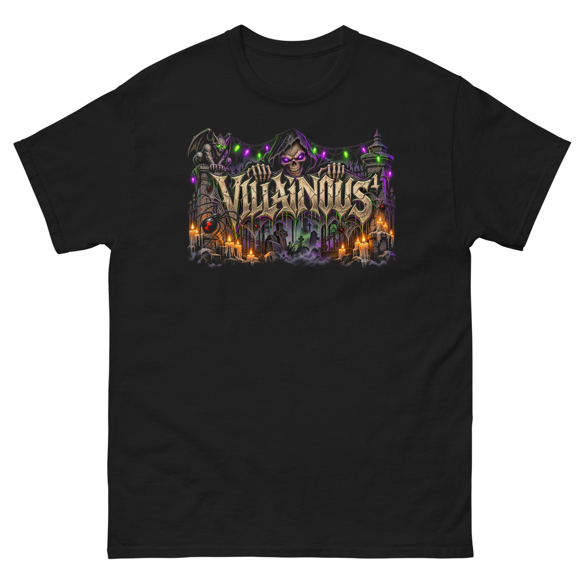 Villainous Haunted Cemetery Halloween graphic featuring a grinning skeleton with glowing purple eyes, gargoyle, black widows, cemetery gates and candles
