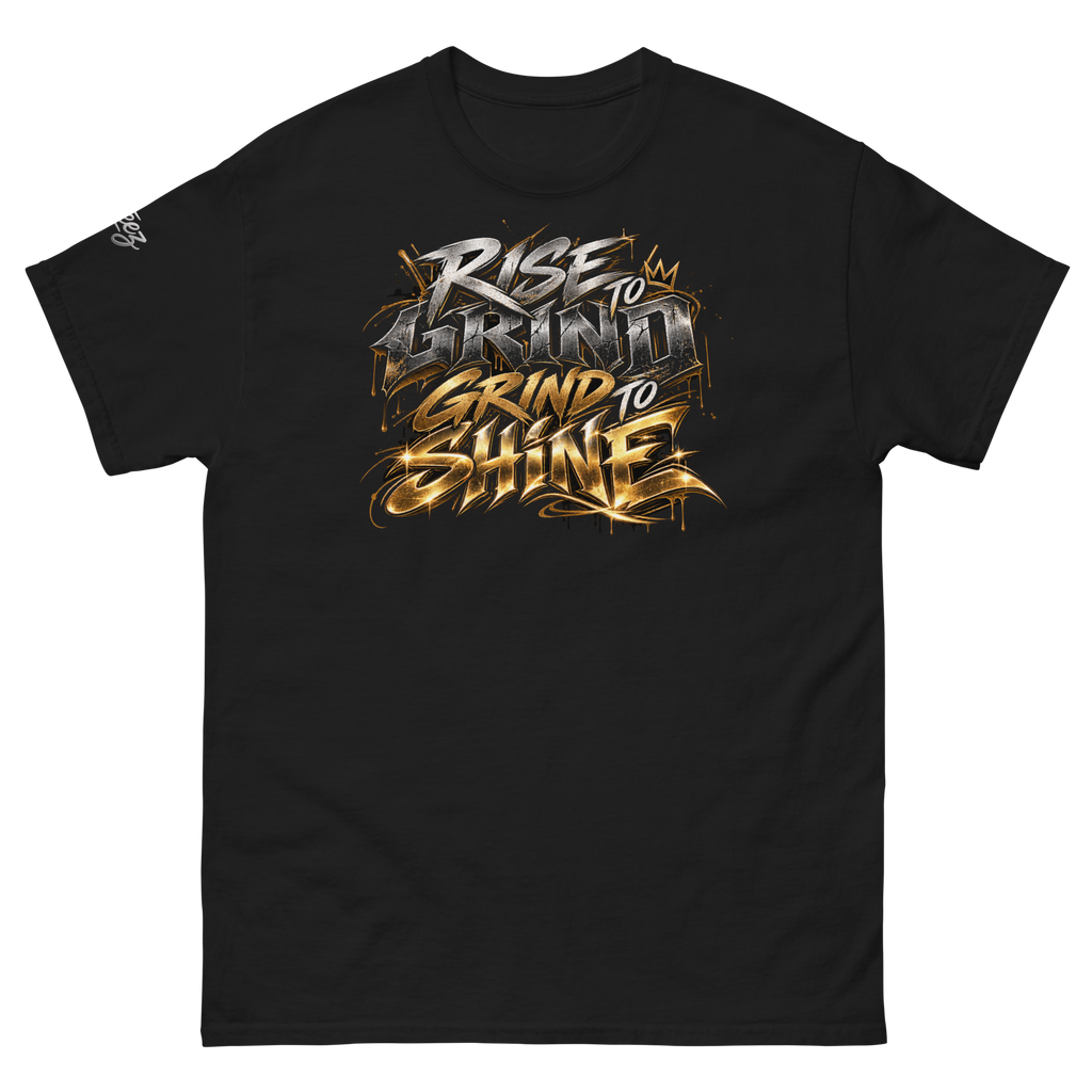 Rise to Grind Grind to Shine motivational graphic with bold distressed typography, cracked metallic textures and gold accents