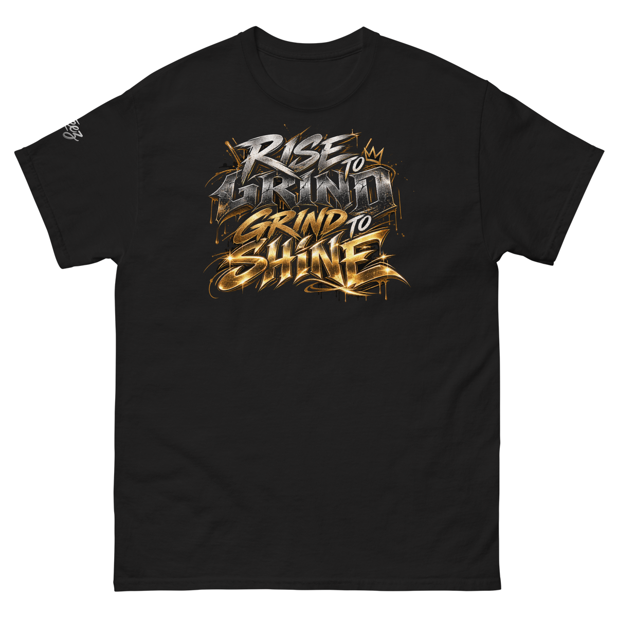 Rise to Grind Grind to Shine motivational graphic with bold distressed typography, cracked metallic textures and gold accents