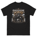 Villainous¹ Gridiron King black graphic T-shirt featuring a powerful football player wearing number 71, seated on a regal lion throne with metallic silver and gold details, bold Gridiron King lettering, and Villainous¹ MCMLXXI branding.