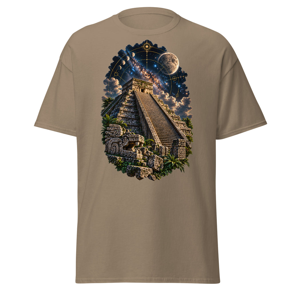 Villainous¹ Aztec Astronomer graphic T-shirt with stone pyramid, stars, lunar phases and Mesoamerican celestial artwork
