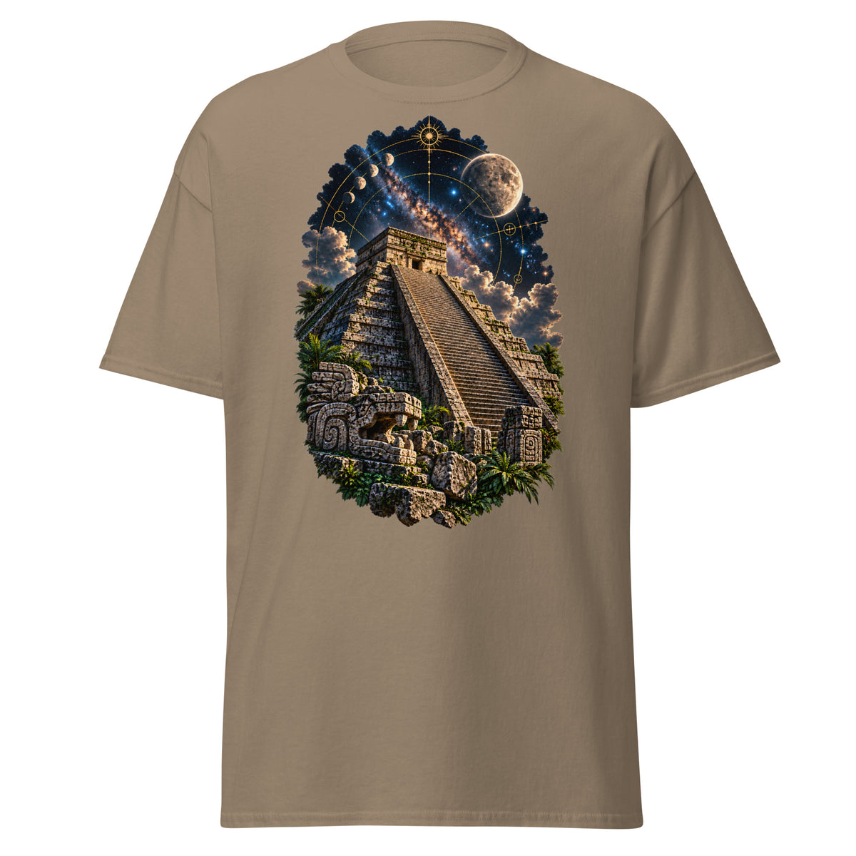 Villainous¹ Aztec Astronomer graphic T-shirt with stone pyramid, stars, lunar phases and Mesoamerican celestial artwork