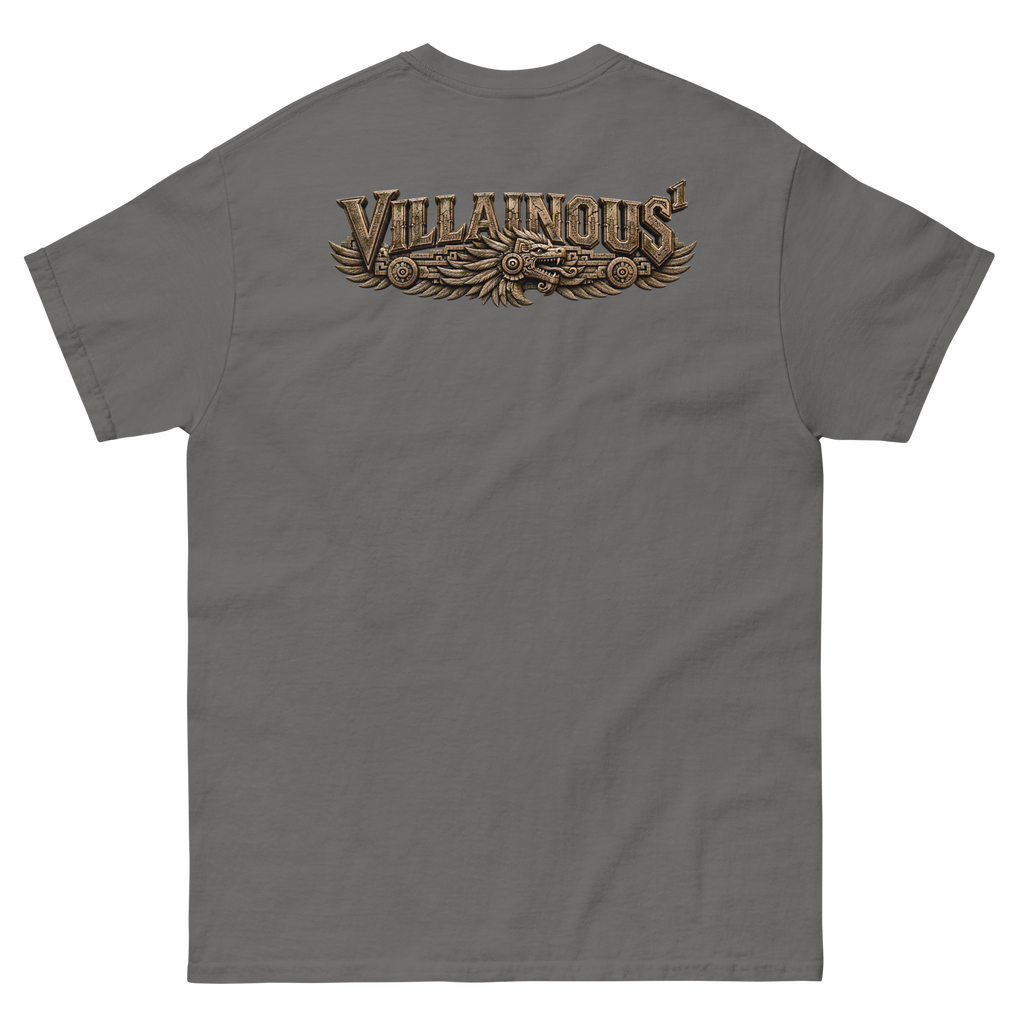 Villainous¹ Heritage T-shirt back featuring carved stone Villainous¹ lettering with a Quetzalcoatl centerpiece and Mesoamerican-inspired detailing
