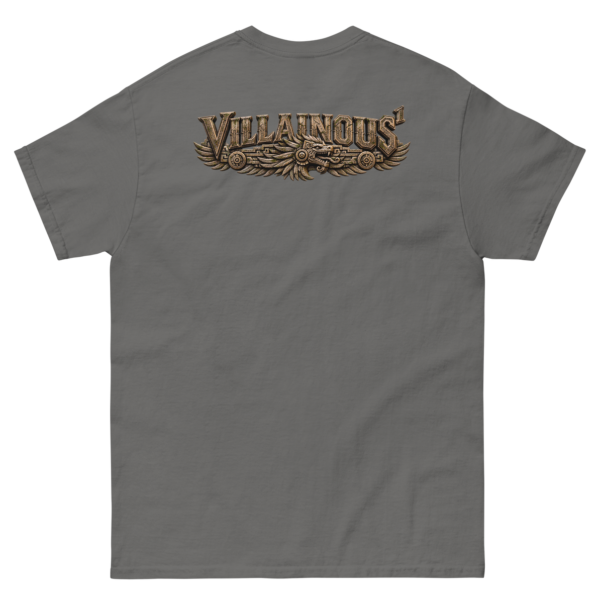 Villainous¹ Heritage T-shirt back featuring carved stone Villainous¹ lettering with a Quetzalcoatl centerpiece and Mesoamerican-inspired detailing