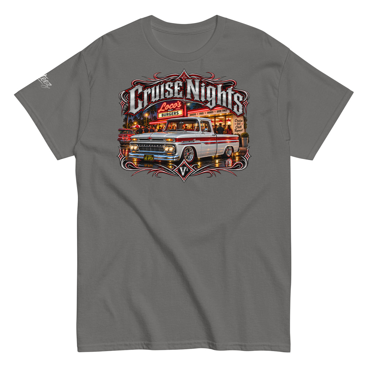 Black Villainous1 Cruise Nights T-shirt featuring a silver and red 1960 Chevrolet Apache classic truck graphic.ct mockup