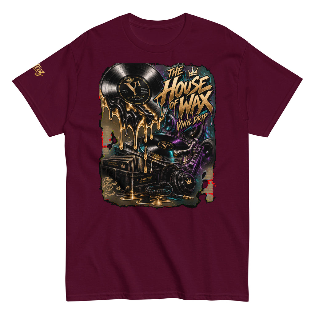 House of Wax Villainous¹ graphic T-shirt featuring melting vinyl, turntable, speakers and colorful DJ-inspired artwork.