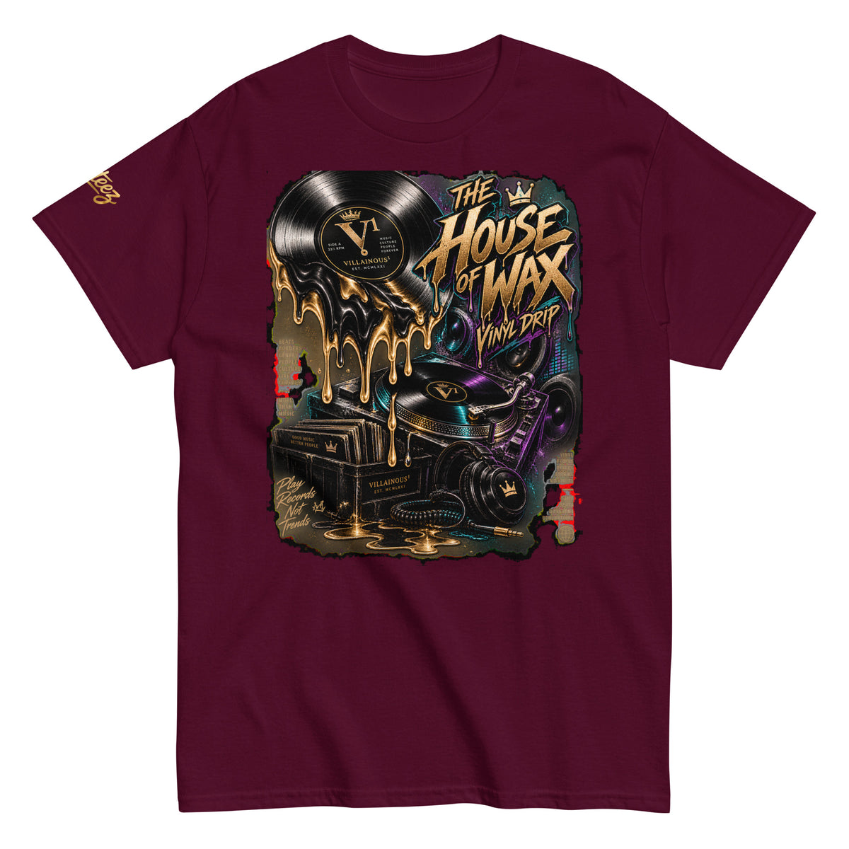 House of Wax Villainous¹ graphic T-shirt featuring melting vinyl, turntable, speakers and colorful DJ-inspired artwork.
