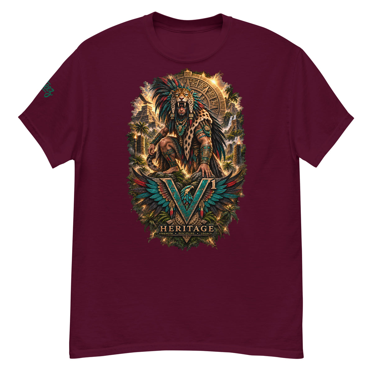 Black Villainous1 Heritage T-shirt featuring a turquoise, gold and feathered V¹ eagle insignia on the left chest.