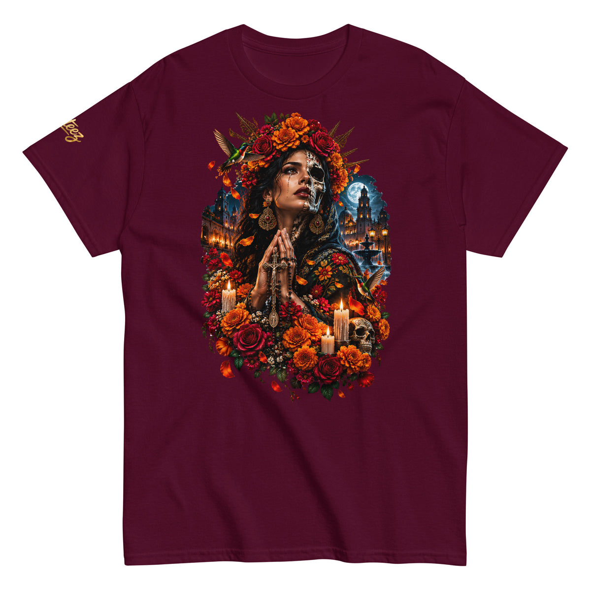 Black Villainous1 T-shirt featuring La Llorona with marigolds, praying hands, hummingbird and Mexican folklore artwork.
