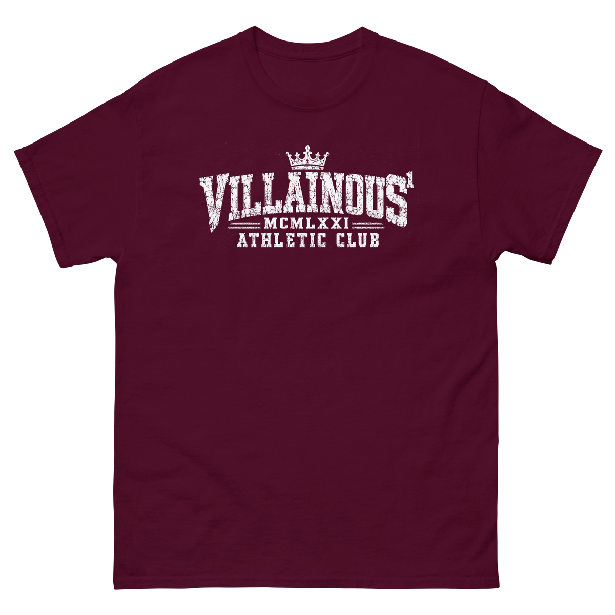 Villainous¹ MCMLXXI Athletic Club graphic T-shirt featuring a vintage distressed white varsity-style logo with crown detailing on a classic Gildan 5000 cotton tee.
