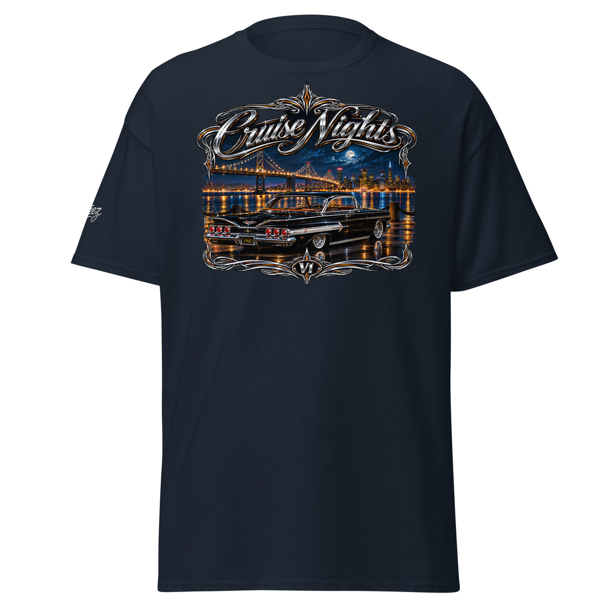 Black Villainous1 T-shirt featuring Cruise Nights 1960 Chevrolet Impala classic car artwork.