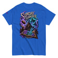 Black Villainous1 Sunday Summoner T-shirt featuring a hooded fantasy football sorcerer, glowing playbook and spectral football players.