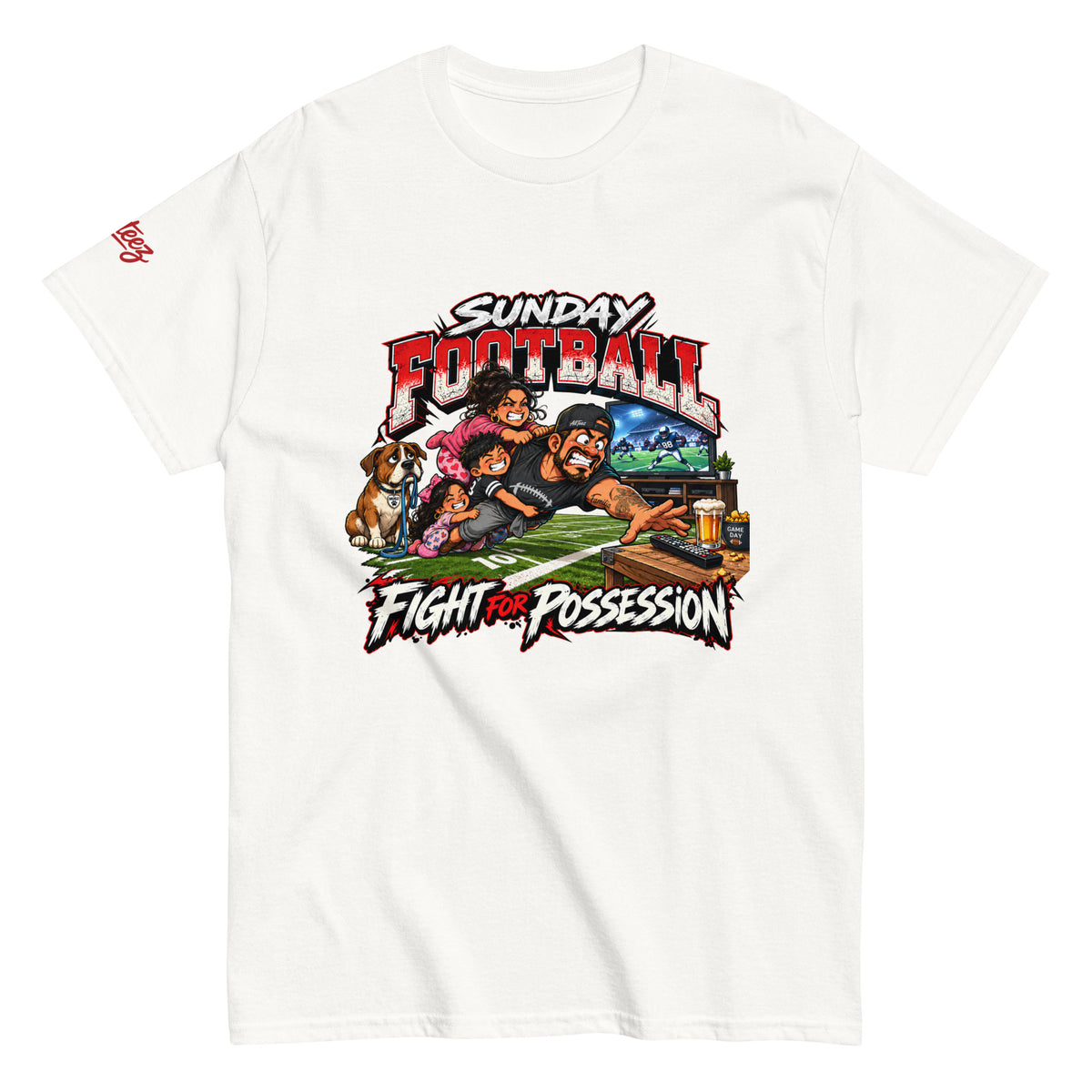 Sunday Football Villainous¹ graphic T-shirt featuring a funny family tackle scene with Dad reaching for the TV remote and Mugz holding his leash.