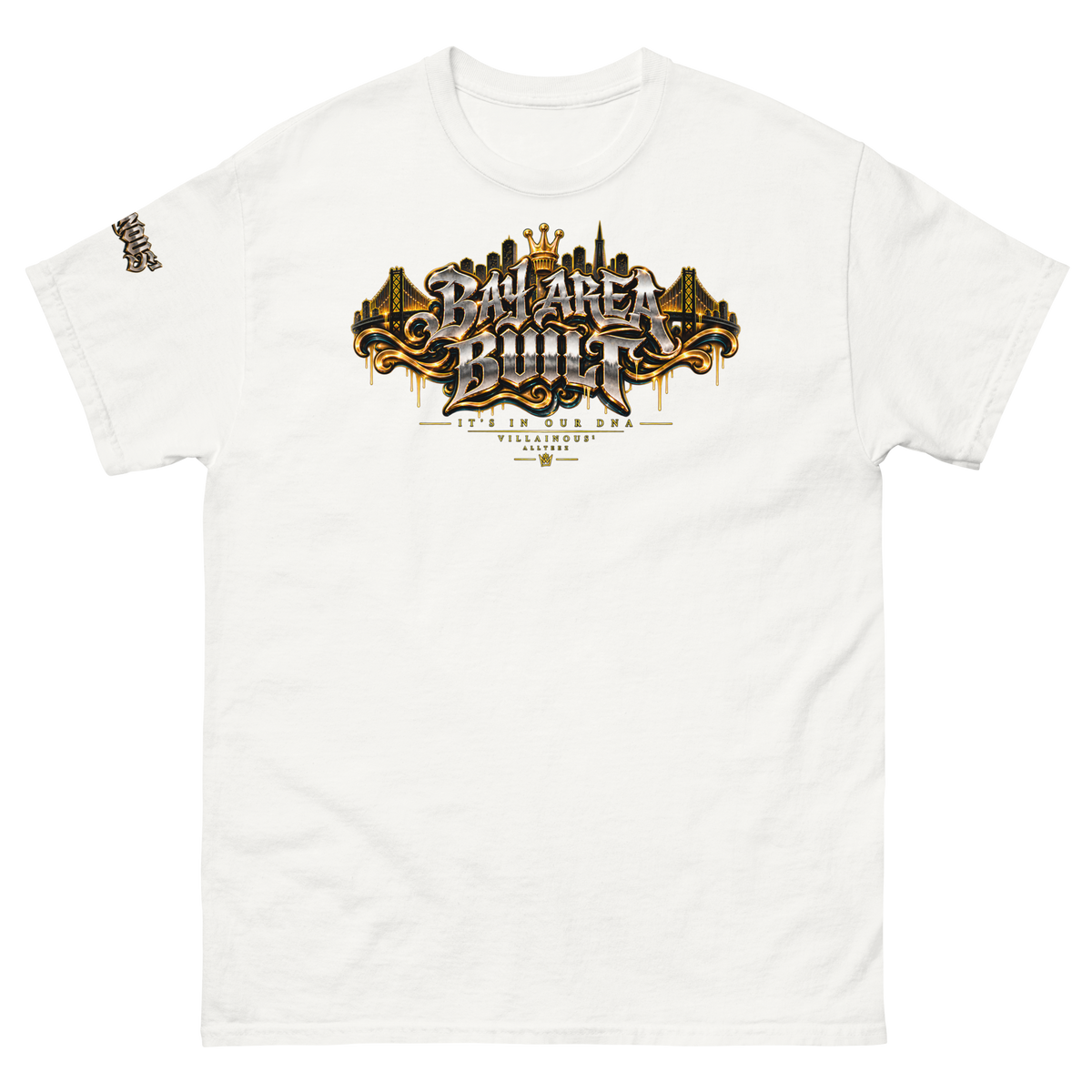 Bay Area Built graphic tee design with chrome and gold lettering, Bay Area skyline and suspension bridge imagery