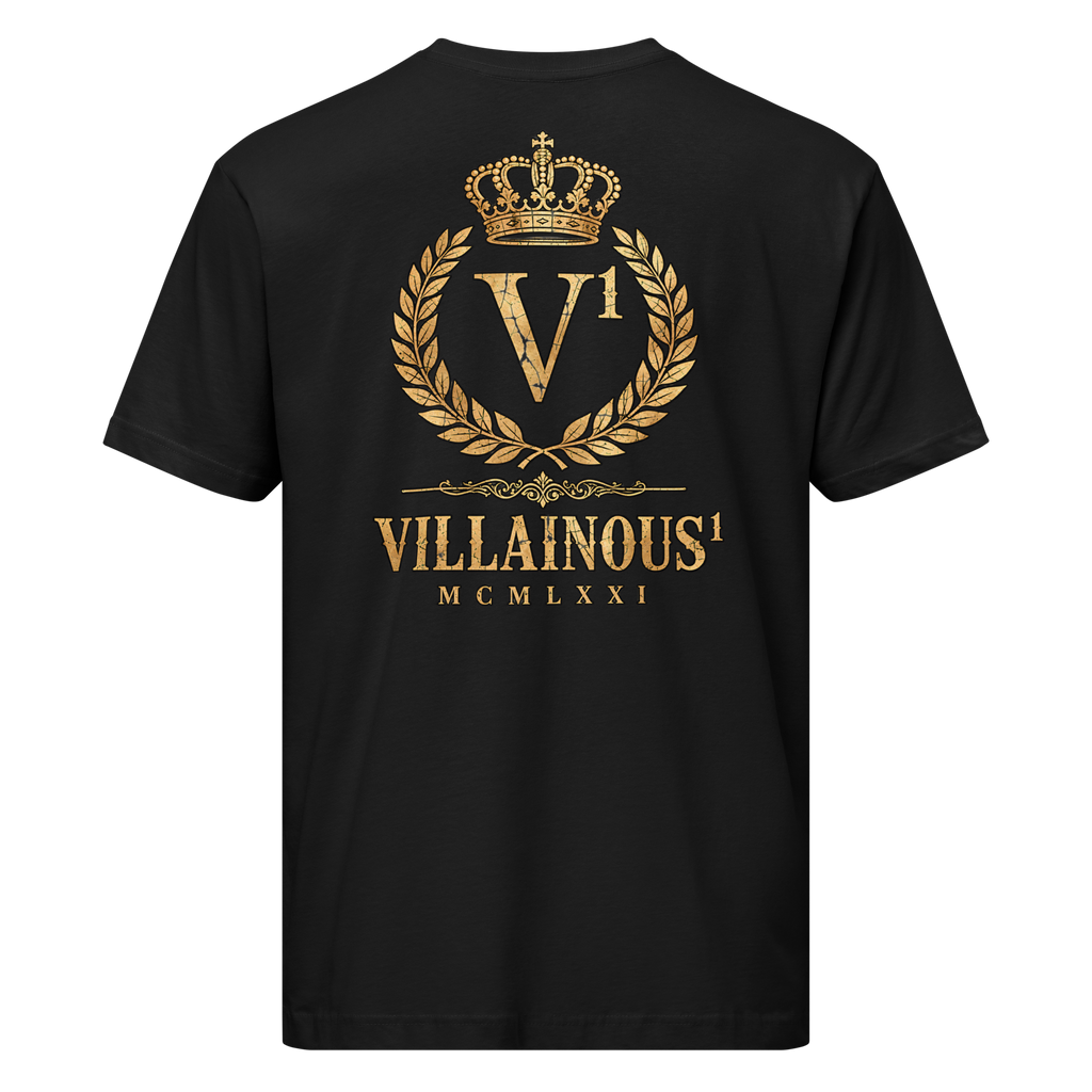 Back of Villainous¹ Distressed black graphic tee with antique gold crown, V¹ crest, laurel wreath and vintage distressed lettering