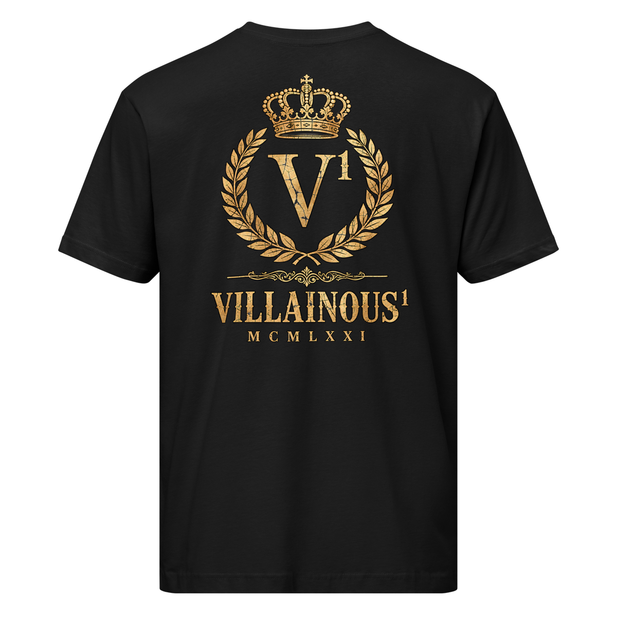 Back of Villainous¹ Distressed black graphic tee with antique gold crown, V¹ crest, laurel wreath and vintage distressed lettering
