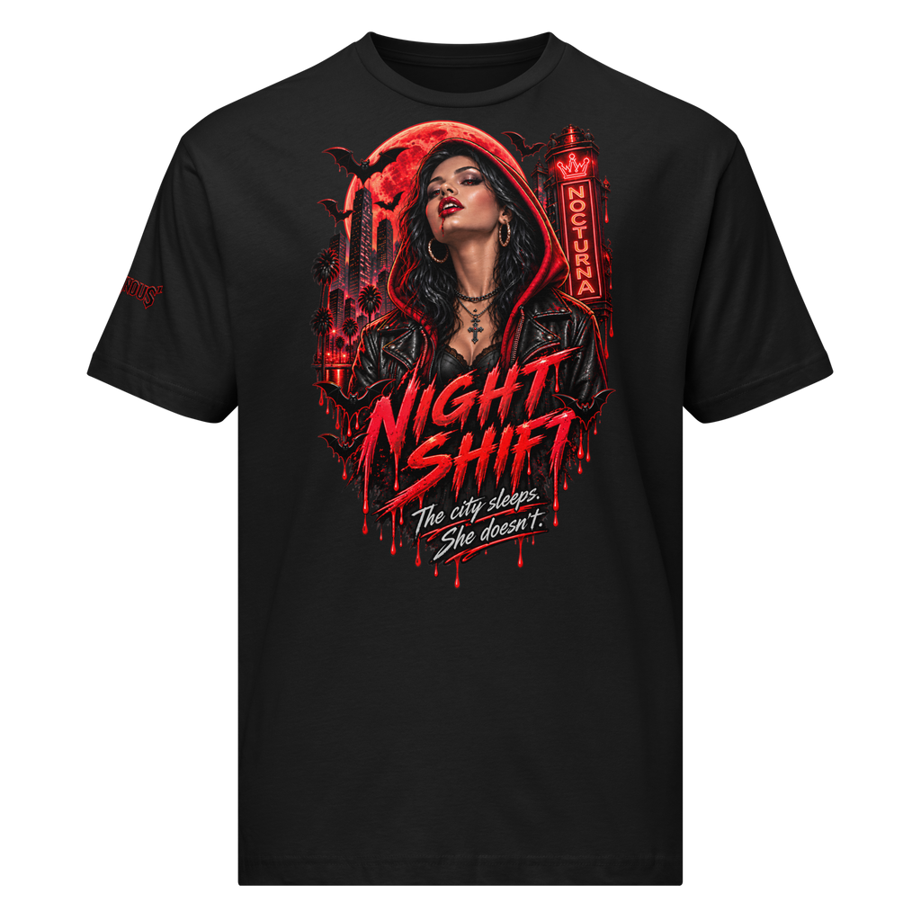 Villainous¹ Night Shift vampire Halloween T-shirt featuring a gothic woman beneath a red moon with bats and a neon city skyline