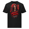Villainous¹ Night Shift vampire Halloween T-shirt featuring a gothic woman beneath a red moon with bats and a neon city skyline