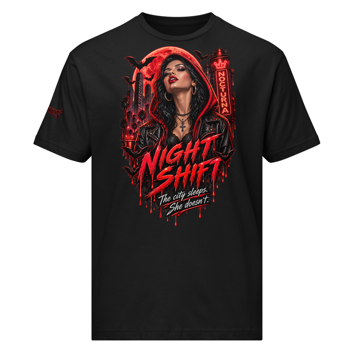Villainous¹ Night Shift vampire Halloween T-shirt featuring a gothic woman beneath a red moon with bats and a neon city skyline