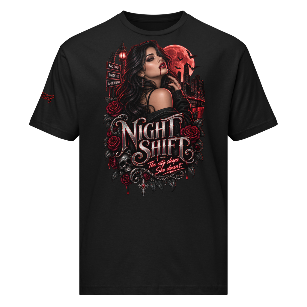 Villainous¹ Night Shift After Dark vampire T-shirt featuring a gothic woman, red moon, city skyline, bats, dark roses and ornate lettering