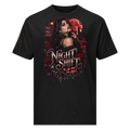 Villainous¹ Night Shift After Dark vampire T-shirt featuring a gothic woman, red moon, city skyline, bats, dark roses and ornate lettering