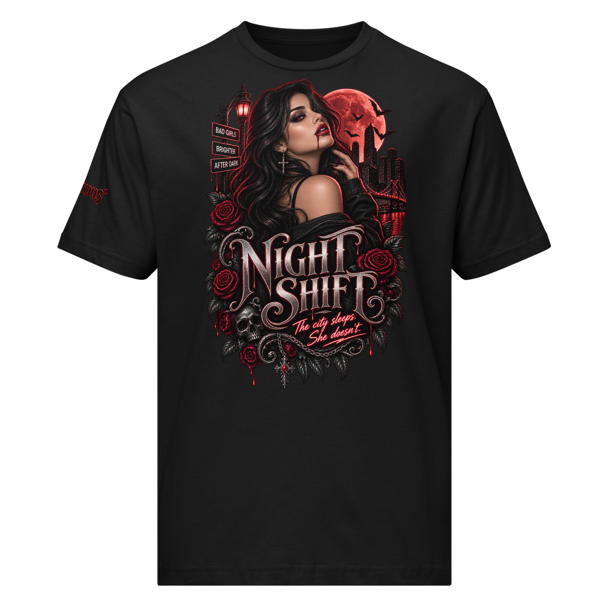Villainous¹ Night Shift After Dark vampire T-shirt featuring a gothic woman, red moon, city skyline, bats, dark roses and ornate lettering