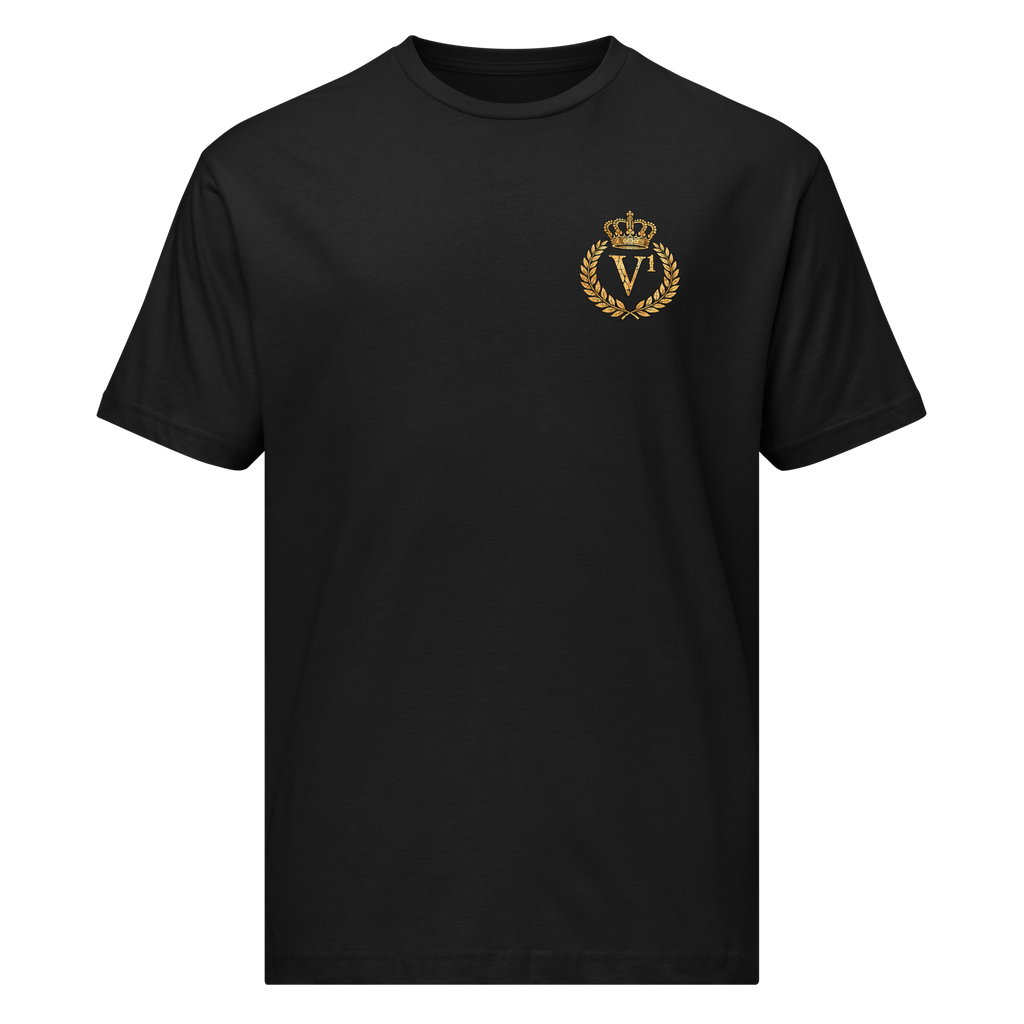 Product Villainous¹ Distressed black graphic tee with antique gold V¹ crown and laurel crest on the front