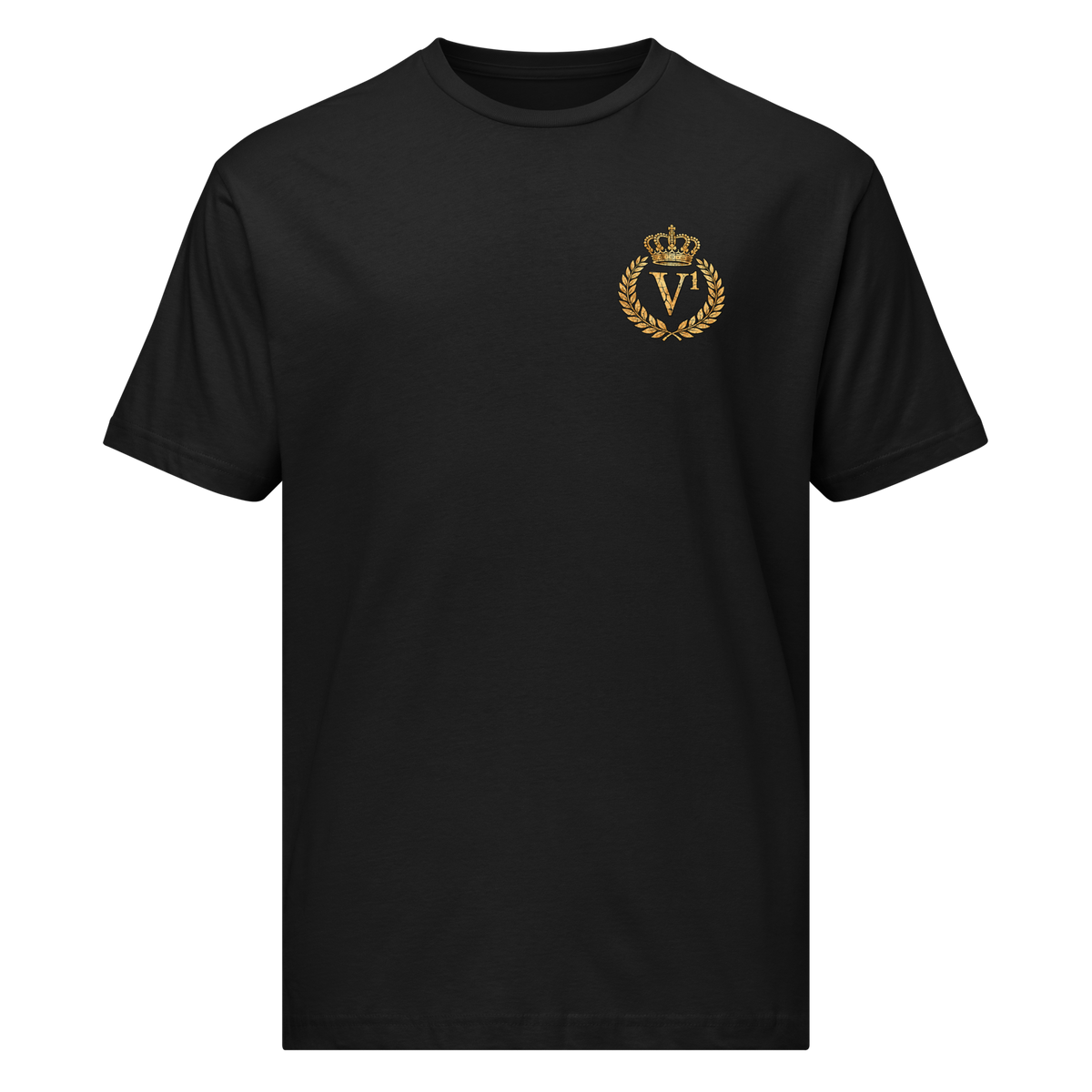 Product Villainous¹ Distressed black graphic tee with antique gold V¹ crown and laurel crest on the front