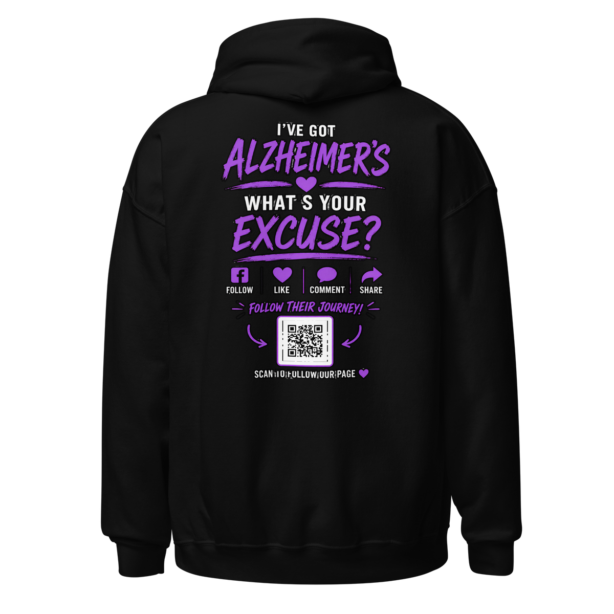 Laurie and Todd Alzheimer’s awareness black hoodie with Follow Their Journey message and Facebook QR code