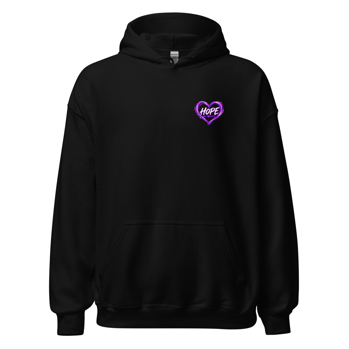 Laurie and Todd Alzheimer’s awareness black hoodie with purple HOPE heart left chest graphic