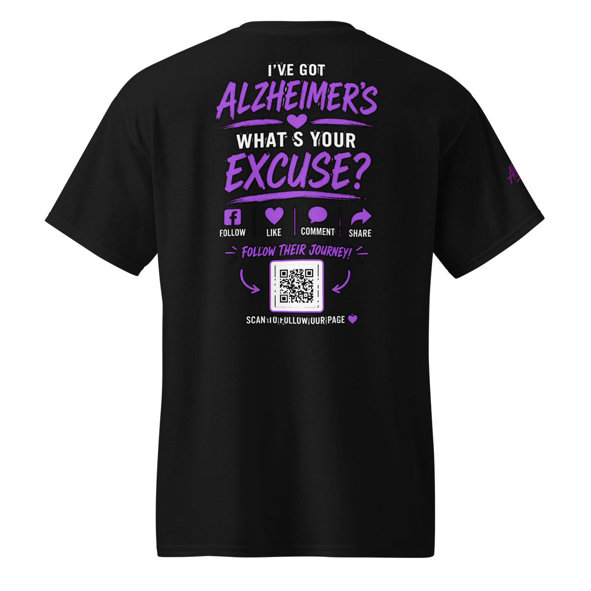 Laurie and Todd Alzheimer’s awareness T-shirt back design with Follow Their Journey message and Facebook QR code