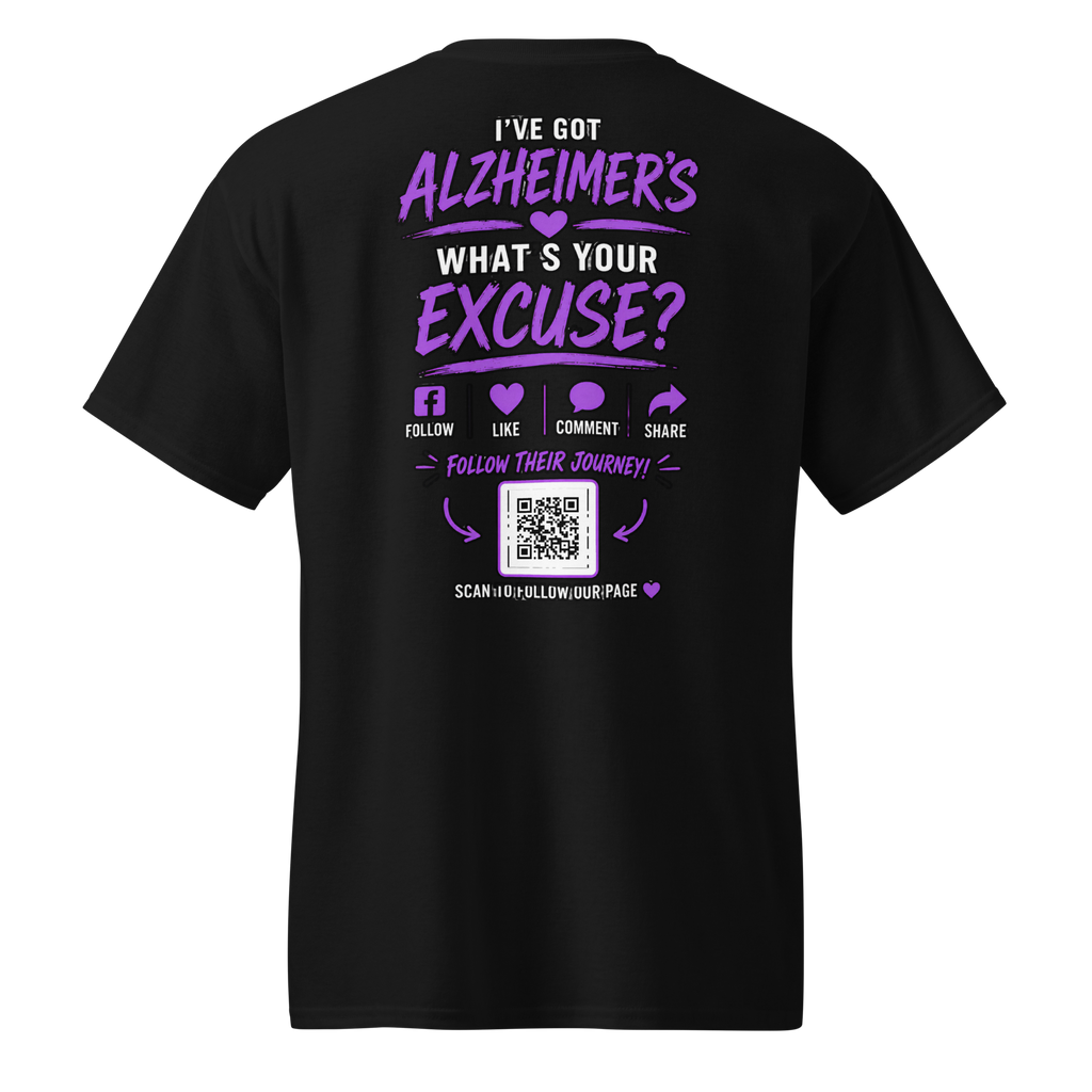 Laurie and Todd Alzheimer’s awareness black T-shirt with Follow Their Journey message and Facebook QR code