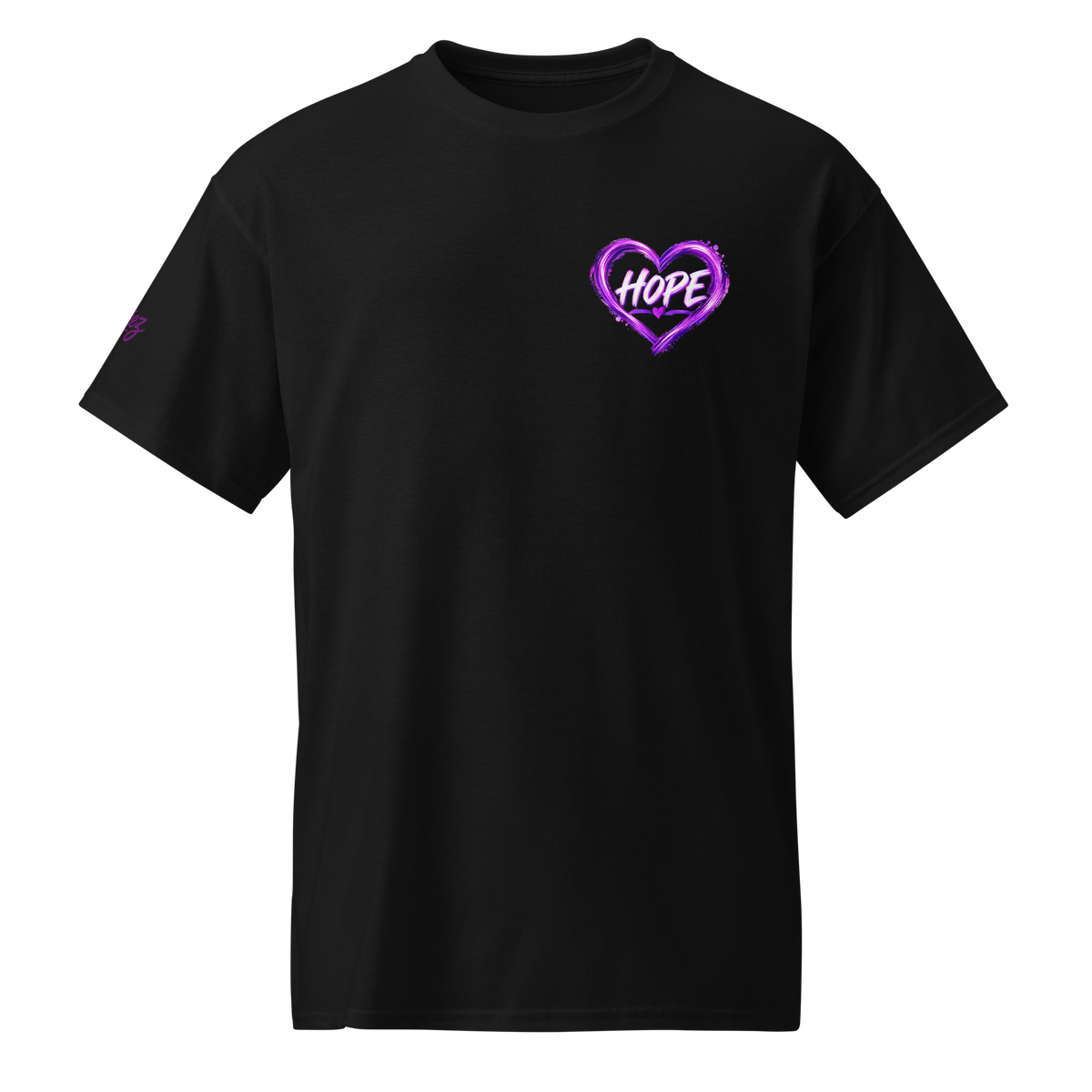 Laurie and Todd Alzheimer’s awareness black T-shirt with purple HOPE heart left chest graphic