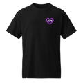 Laurie and Todd Alzheimer’s awareness black t-shirt with purple HOPE heart left chest graphic