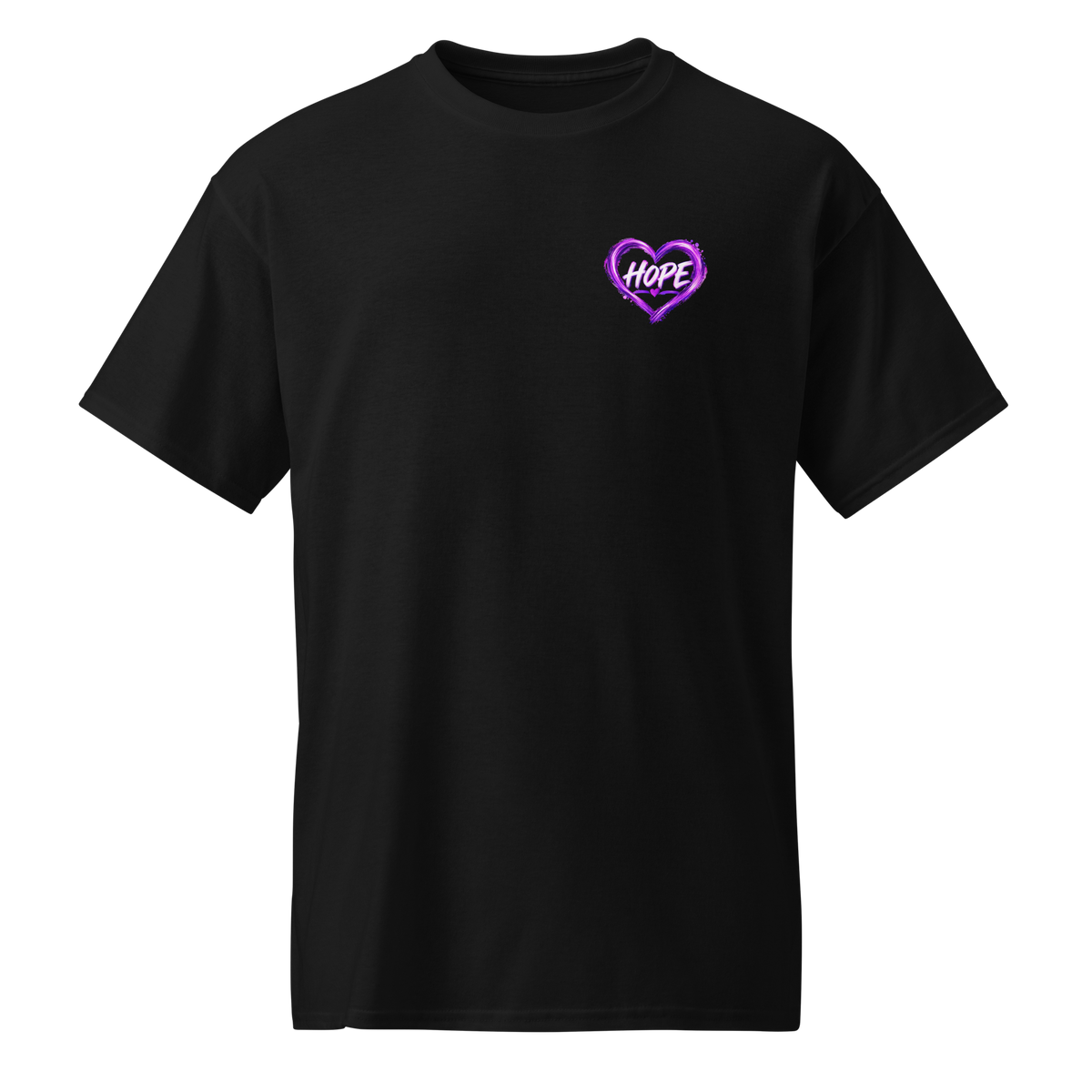 Laurie and Todd Alzheimer’s awareness black t-shirt with purple HOPE heart left chest graphic