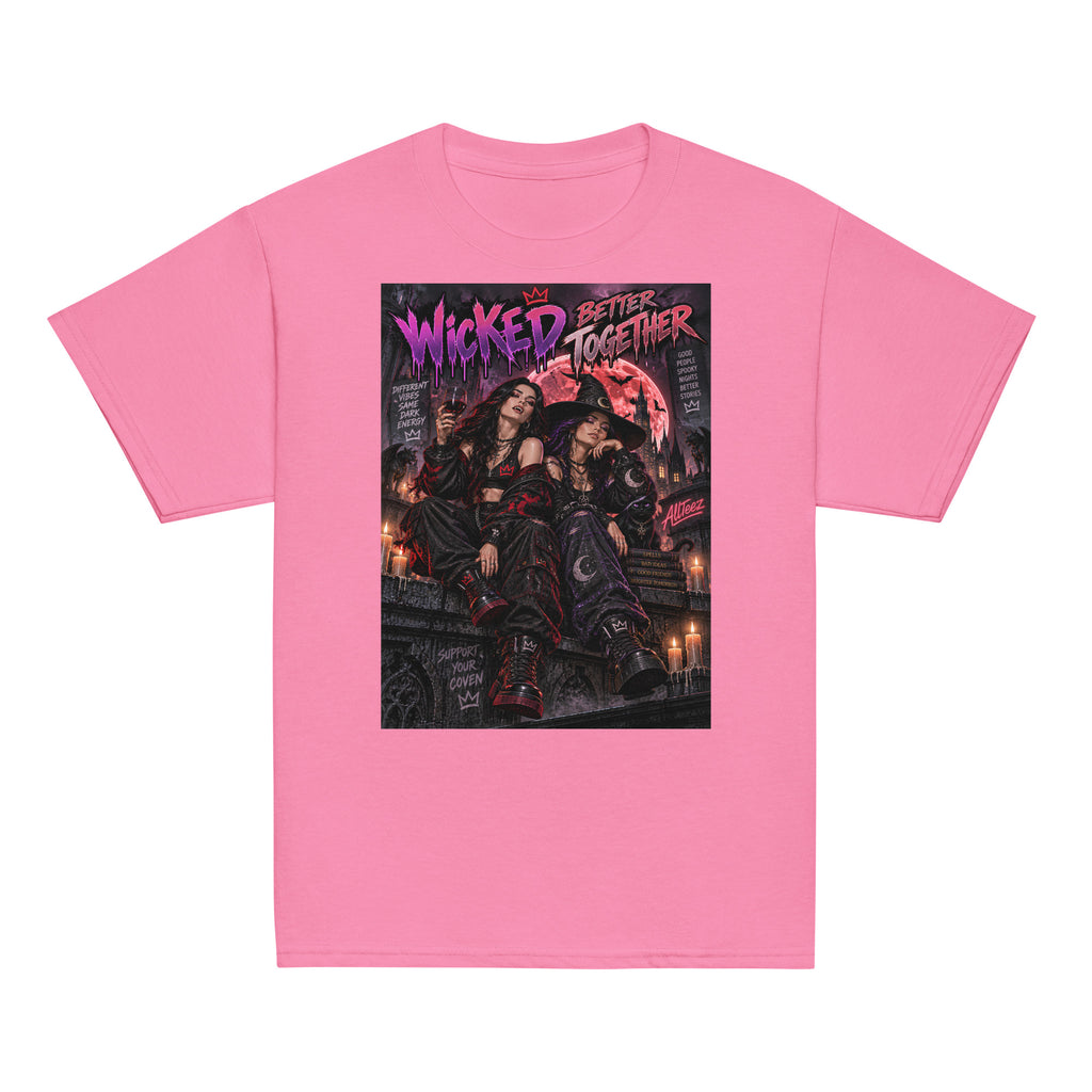 Youth Halloween T-shirt featuring Wicked Better Together vampire and witch friendship graphic