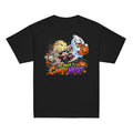Kids Halloween T-shirt featuring a colorful ghost candy heist and monster chase graphic