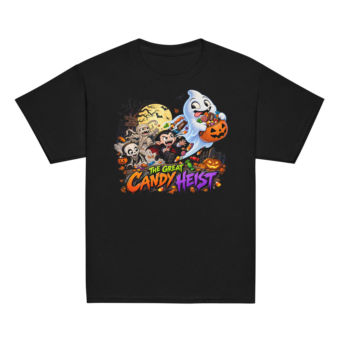 Kids Halloween T-shirt featuring a colorful ghost candy heist and monster chase graphic