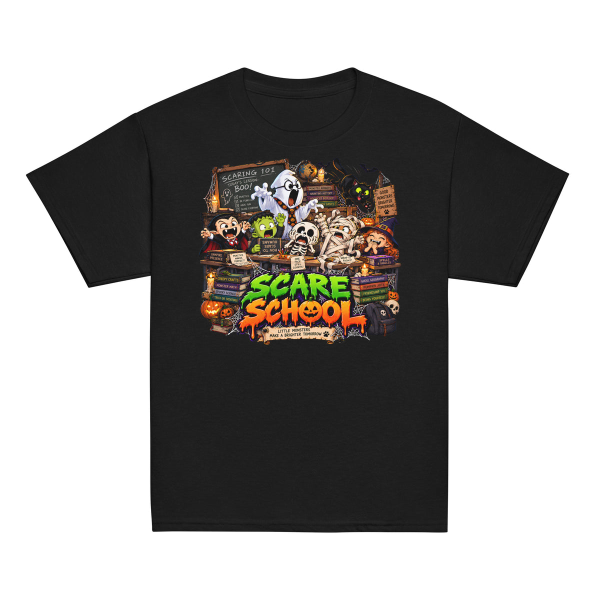 Kids Halloween T-shirt featuring a ghost teacher and monster classroom Scare School graphic